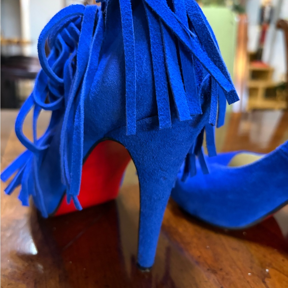Christian Louboutin Blue Suede Tina Fringe Stiletto Heels. Authentic